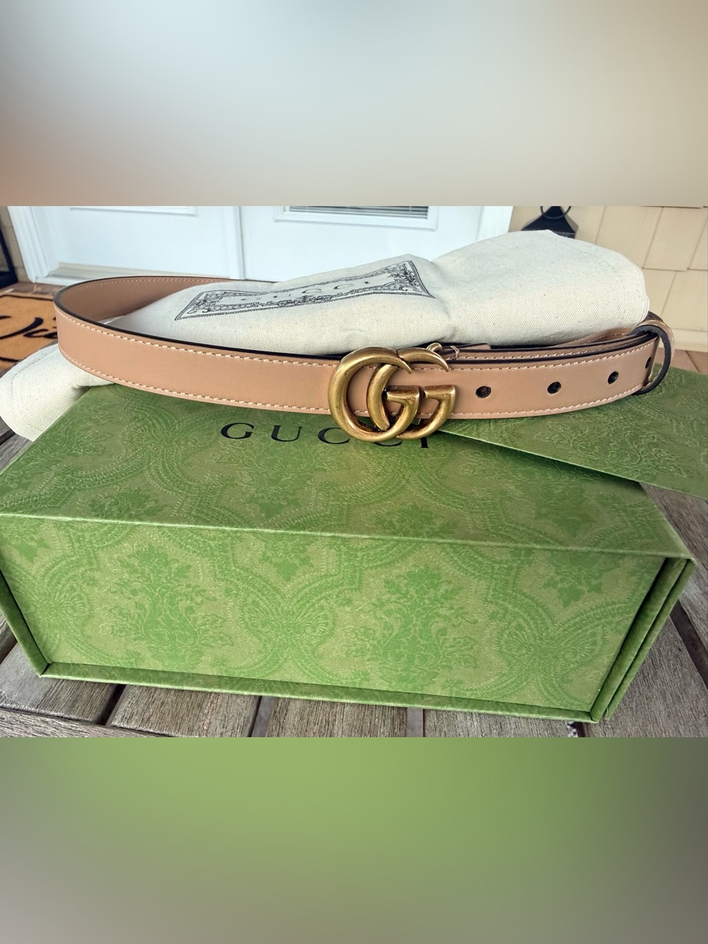 Gucci GG Marmont Leather Belt Tan Beige Size 80/32 Antique Gold Buckle